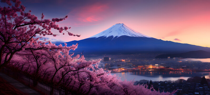 Peach tree with Mount Fuji in the background, ai generative