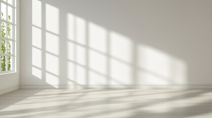 Fototapeta premium an empty room with natural sunlight streaming through a large window, casting shadows on the wall and floor
