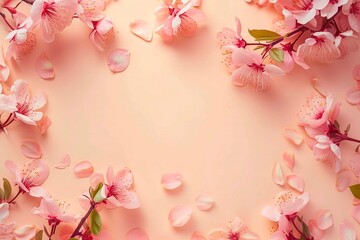 Elegant mockup featuring blooming sakura branches with delicate pink flowers on a soft pastel background. 