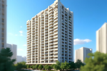 Modern Residential Building with Balconies Surrounded by Trees and Clear Blue Sky in an Urban Setting