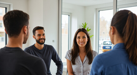 Obraz premium Group therapy session with young adults standing in a bright room, engaging in a friendly conversation. Smiling participants create a welcoming and positive atmosphere in the group discussion