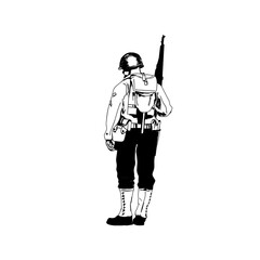 An illustration Black and white alone soldier after war, retro style, vintage design of WW2 moments. perfect for Veterans Day events, memorials, military-themed promotions, and educational content o