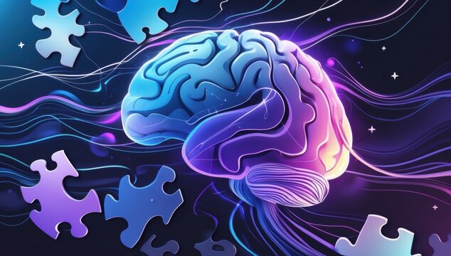 This colorful brain illustration uses puzzle pieces to depict problem-solving and creativity, set in a dynamic, contemporary design environment