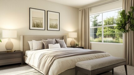 Fototapeta premium A modern bedroom design with a painting hanging on the wall behind.