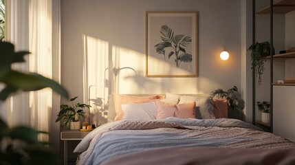 A modern bedroom design with a painting hanging on the wall behind.