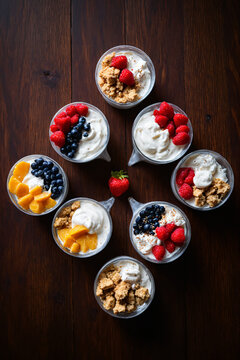 Greek yogurt parfait collection with different toppings, including fresh berries, granola, and whipped cream, displayed in a circular arrangement on a dark wooden surface. A balanced and nutritious br