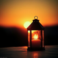 A lit candle inside a lantern during a beautiful sunset