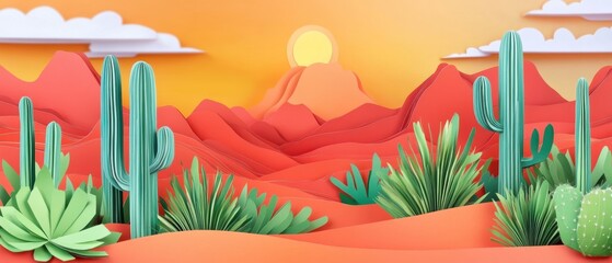 Vibrant Paper Cut Landscape with Cacti and Sunset in Desert Setting