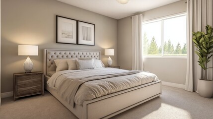 Fototapeta premium A modern bedroom design with a painting hanging on the wall behind.