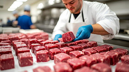 Artisan Butcher at Work: A skilled butcher, meticulously arranging fresh cuts of meat, embodying precision and dedication in the culinary preparation.