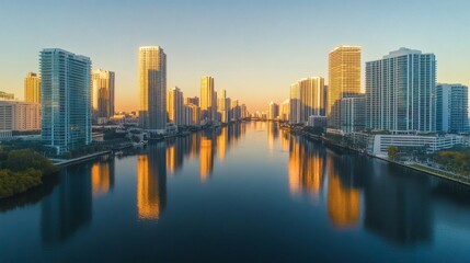 Fototapeta premium High rise buildings are reflecting in the calm waters of the river