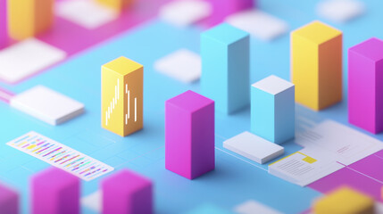 Sleek market analysis presentation with colorful 3D charts and graphs