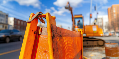 Close-up of Rusty Orange Construction Barrier with Blurred Excavator Background