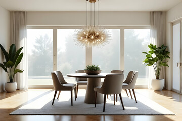 Fototapeta premium Bright Modern Dining Room with Elegant Furniture and Natural Light from Large Windows