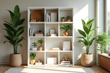 Fototapeta premium Modern Interior With Stylish White Shelf Displaying Decorative Plants And Accessories In A Bright Sunlit Living Room