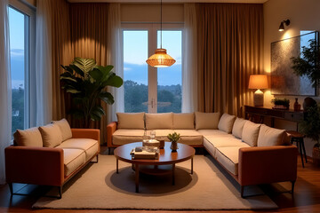 Fototapeta premium Cozy Living Room with Modern Furniture and Warm Lighting in Evening Setting by Large Windows with Decorative Elements
