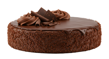 A rich chocolate cake topped with swirls of chocolate frosting and decorative chocolate curls.