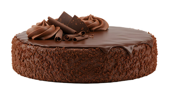 A rich chocolate cake topped with swirls of chocolate frosting and decorative chocolate curls.