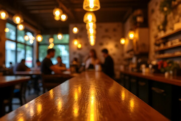 Cozy Cafe Interior with Warm Pendant Lighting and Glossy Wood Bar Surrounded by People Socializing in a Relaxed Atmosphere