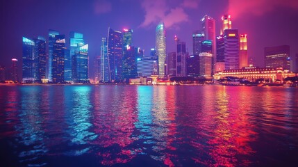 Fototapeta premium Vibrant night cityscape reflected in calm water.