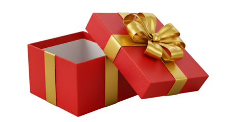 A vibrant red gift box with a shiny gold ribbon and bow, partially open to reveal its empty interior.