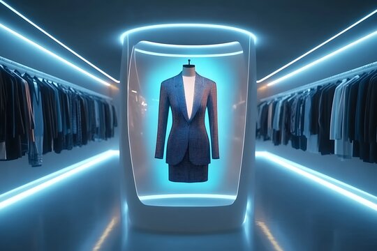 Futuristic high fashion boutique featuring a captivating holographic display that showcases the latest avant garde designs and innovative styles in a clean modern and sophisticated setting