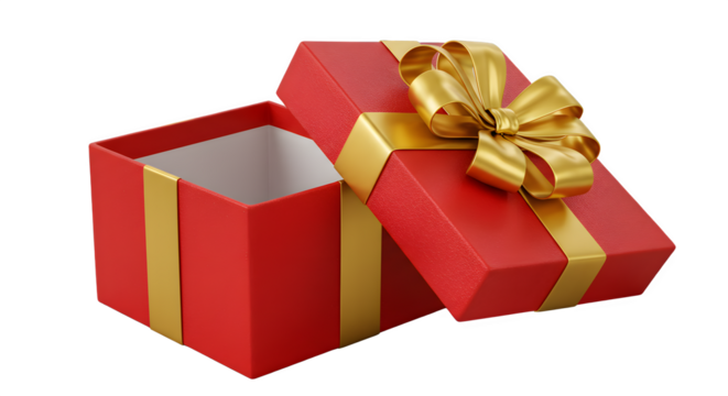 A vibrant red gift box with a shiny gold ribbon and bow, partially open to reveal its empty interior.