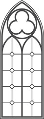 Gothic church window with pattern. Cathedral glass arch. Medieval vintage cathedral architecture frame. Catholic stained interior decoration. Silhouette of old door shape