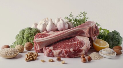 A selection of fresh raw meat with bone, surrounded by garlic, broccoli, nuts, and herbs. perfect for culinary preparation and showcasing fresh ingredients.
