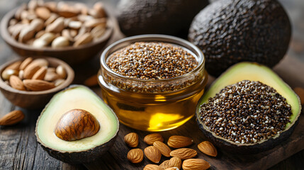 Healthy Fats and Superfoods: A tempting display of natural superfoods, including avocados, almonds, and flaxseed oil, promoting health and vitality