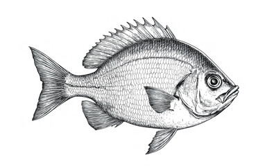 Fototapeta premium Fish sketch dorado gilt-head bream. Vintage retro print, black white gilt-head bream fish sketch ink pencil style drawing, linear drawing, engrave old school. Sketch artwork dorado fish. Illustration