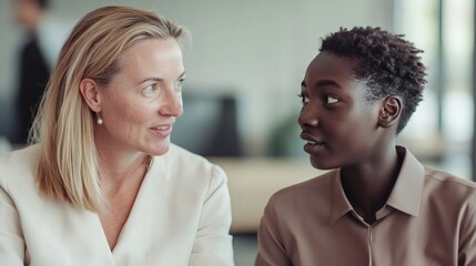 Naklejka premium Two women engage in a focused and intense conversation indoors