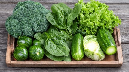 Fresh green vegetables displayed neatly inside a wooden tray