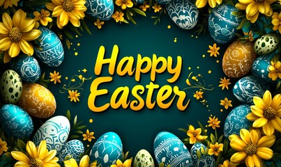 Fototapeta premium Colorful Easter eggs and flowers create a festive decoration for the holiday season