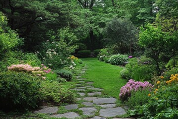 Naklejka premium Explore a tranquil lush garden filled with vibrant flowers and greenery, providing a peaceful retreat Generative AI