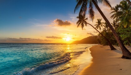 Fototapeta premium Pristine tropical beach with turquoise waters, swaying palm trees, and golden sunset. Serene, idyllic, exotic paradise, vacation vibes, soft sand, calm waves, warm light, relaxing coastal scenery.