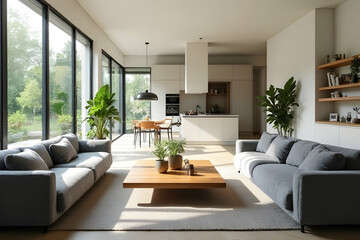 Bright and Spacious Modern Living Room with Minimalist Design and Abundant Natural Light in Contemporary Home