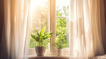 Fototapeta premium Self-Care Sunday, Bright sunlight streams through sheer curtains, illuminating potted plants by window