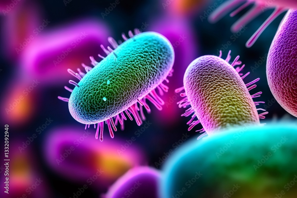 Poster microscopic view of rod shaped bacteria showing cellular structures and fimbriae