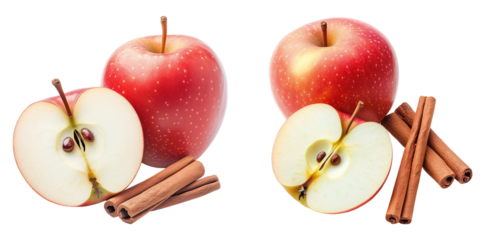 Red Apples with Cinnamon Sticks Isolated on Transparent Background