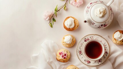 Charming vintage-inspired tea time setup with floral tea cup, scones, and fresh cream, perfect for a relaxing afternoon