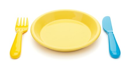 Colorful Yellow Plate Childrens Plastic Fork Knife Cutlery Set kid fun blue baby meal food cute     