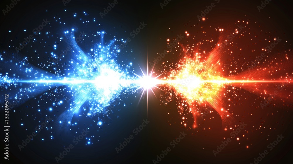 Poster dynamic abstract background with intersecting red and blue light rays creating an energetic and futu