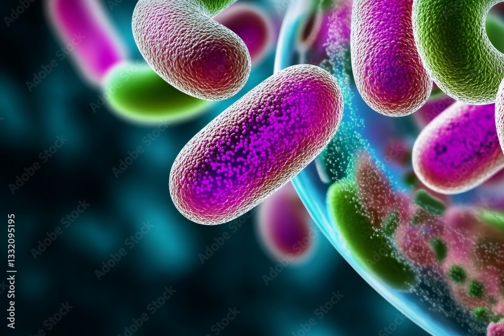 Poster microscopic view of colorful bacteria interacting with a cell