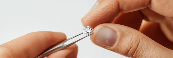 Jeweler carefully examining brilliant cut diamond with tweezers