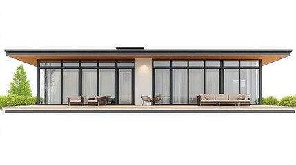 Modern house exterior with large windows, deck, and landscaping.