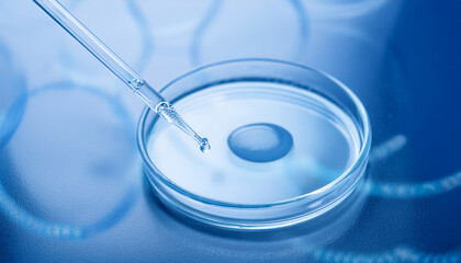 Laboratory Precision: Blue-Tinted Pipette Dispensing Liquid into Petri Dish - Scientific Research and Experimentation Background