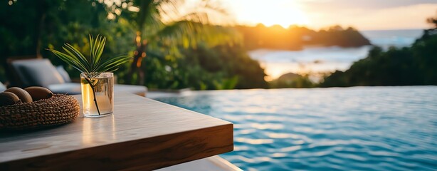 Summer travel experience with sustainable eco retreat. A serene sunset view by a luxurious pool, complete with a refreshing drink and tropical plants, perfect for relaxation.