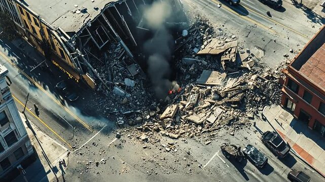 Dramatic aftermath of a building collapse revealing urban devastation and structural failure