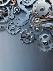 Intricate Gear System on Brushed Metal - Close-up of a complex arrangement of metallic gears against a brushed steel background. Perfect for industrial or mechanical themes